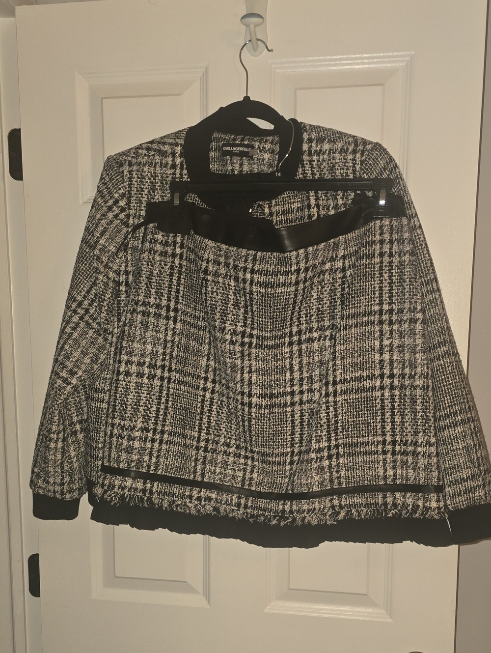 Karl Lagerfeld Black and White Tweed Plaid Blazer and Skirt.